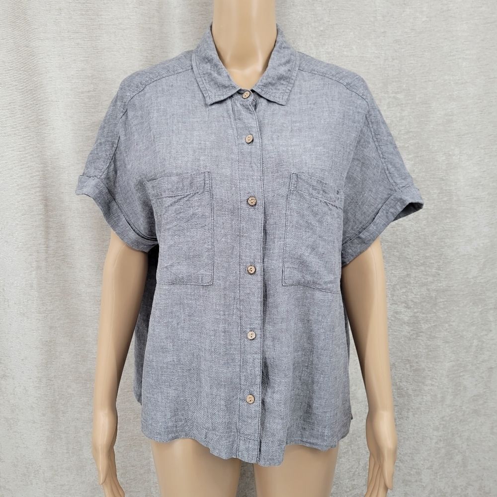 Lola River Gray Linen Tencel Button Down Cuffed Short Drop Sleeve Top Blouse